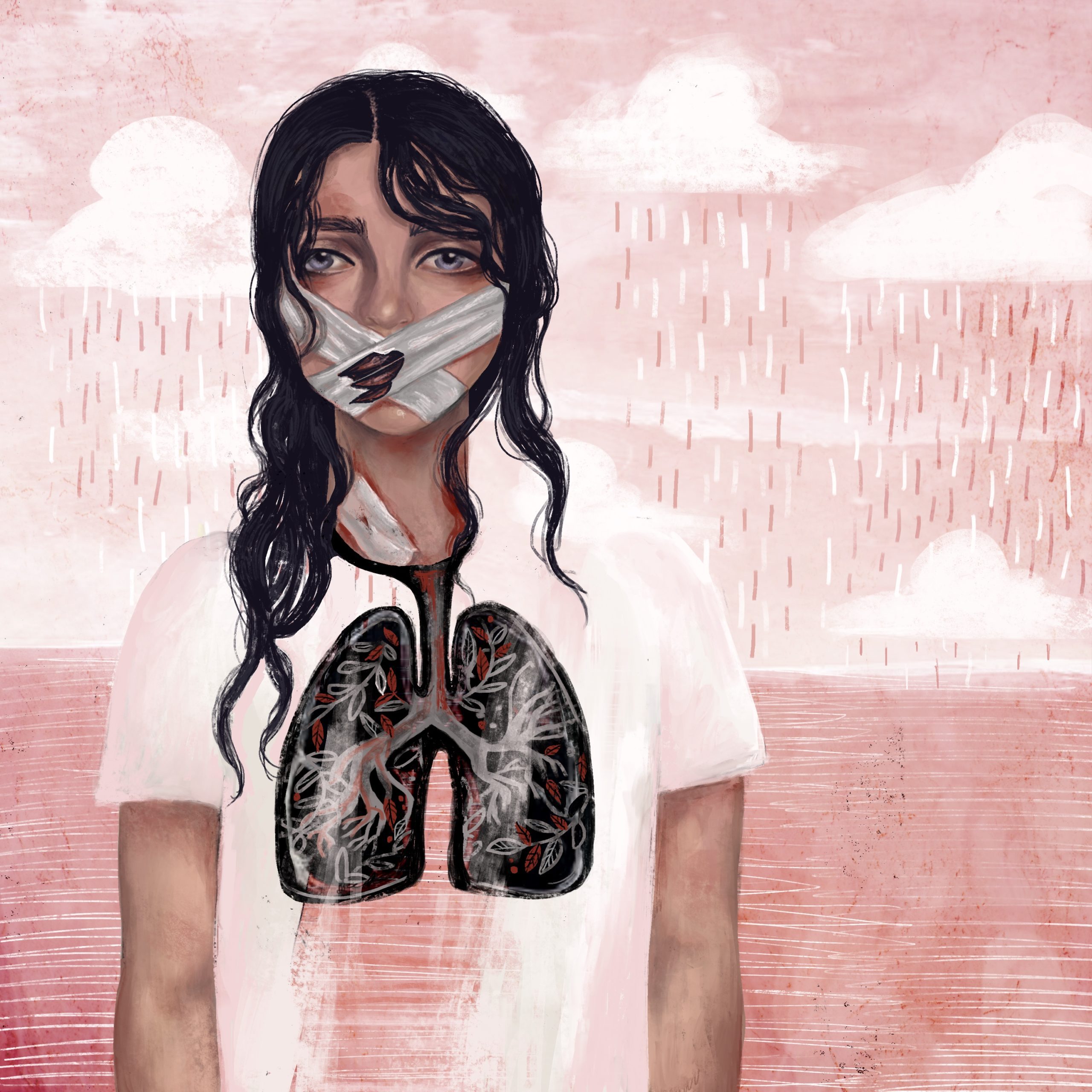 Anna Kavehmehr - State of Emergency The dusty rose hued background became a through-ground when her threadbare shirt bore right through her. In lieu of breasts, her emptiness has revealed a cavity occupied by black decaying lungs, a root system of bronchioles interspersed with branches of ivy. Her lips, displaced atop a gauze wrap, criss-crossing her mouth, an allude to a wound. She is in a state of emergency.
