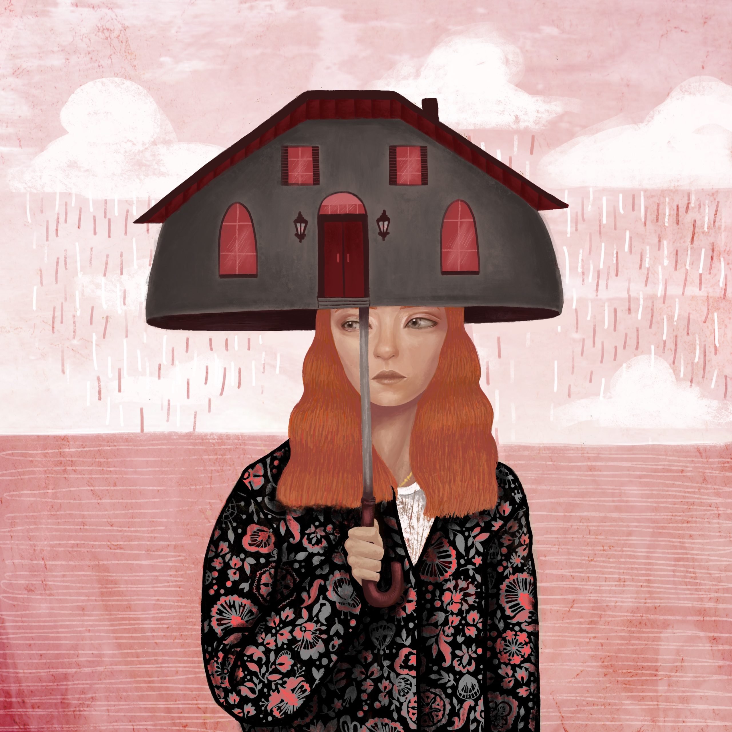 Her head was tucked beneath the floorless house, its shingles guardingher ginger mane from the pink rain falling above. The welcoming abode, made of bulging stone, rested securely atop a wooden handle. This was no ordinary house, this house was an umbrella. Or was the umbrella a house? She was no longer in a state of emergency. She was now safe.