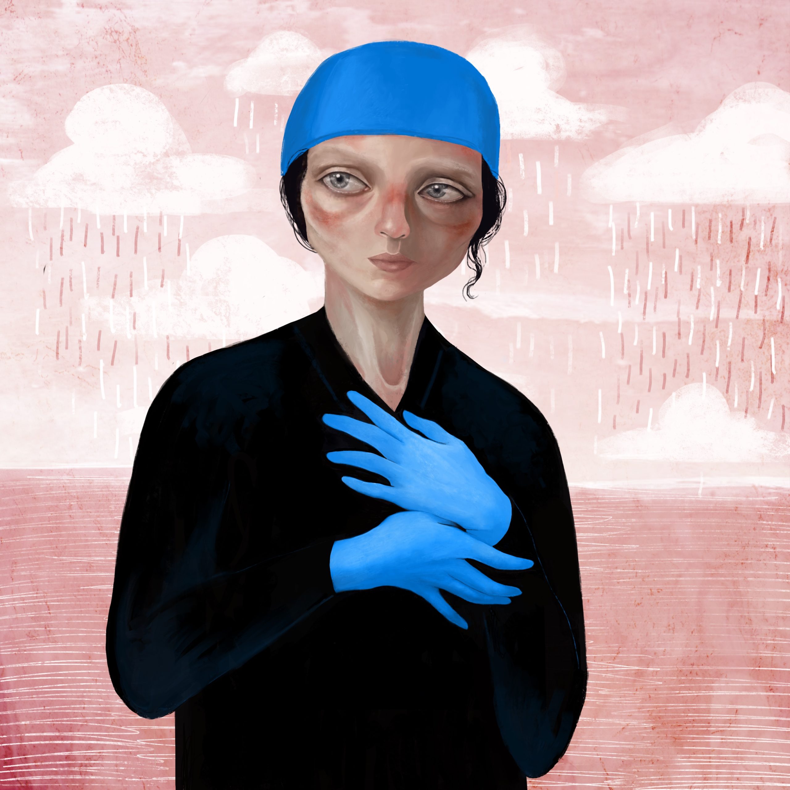 Her pristine blue surgical gloves and cap contrasted the red marks bridging her nose and cheeks. She was raw, or at least her face was, from the rub of a mask worn for too many hours, over too many days. Her neutral expression of the professional detachment gazed distantly. She clutched her hands protectively to her chest, her right hand appearing to take the radial wrist pulse of her left hand, which was sensing her heart. Her black scrubs, darkness duds contrasted her rosy surroundings. She embodies the paradoxical label of hero.