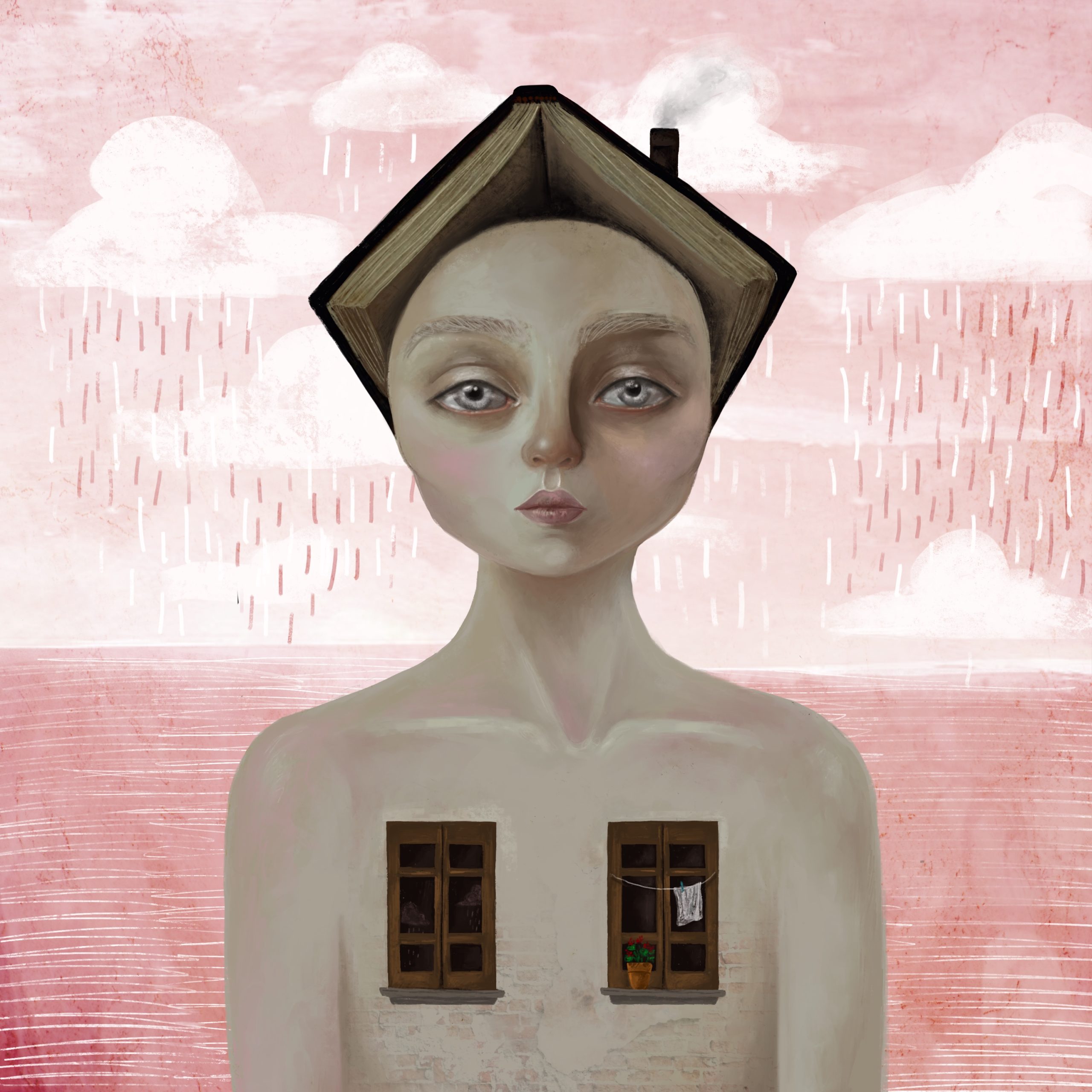 Their sepia toned skin crumbled into rustic bricks, just below the two wooden windows that framed their heart. The panes on the left reflected the rain showers outside while a clothesline was put to use on the right. The worn binding of a book became a roof that rested upon their head, a chimney billowing with smoke. Like each of the others, their oversized eyes eclipsed their mouth in size, drawing attention. In return, though, their gaze was numb. They were melancholy.
