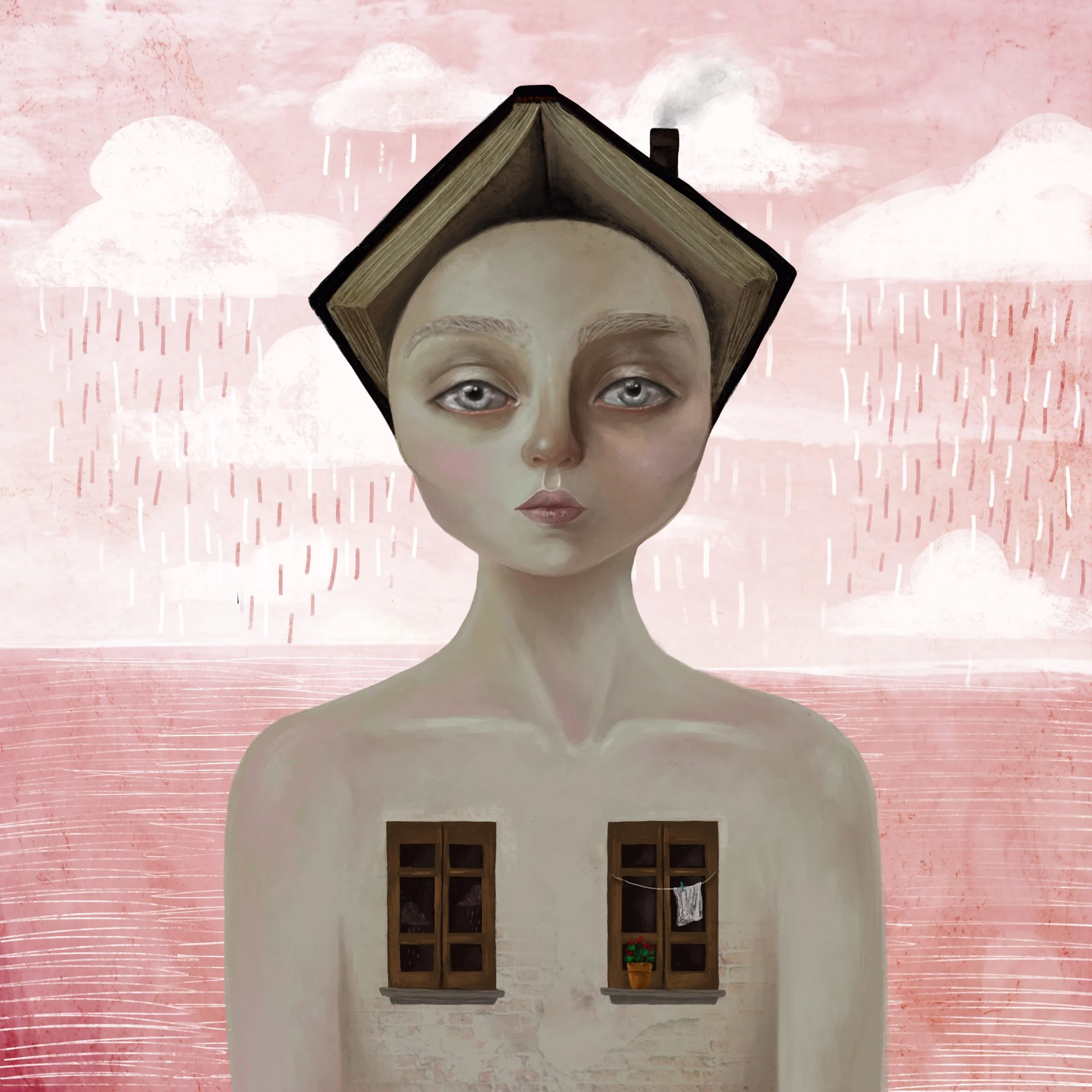 Anna Kavehmehr - Melancholy Their sepia toned skin crumbled into rustic bricks, just below the two wooden windows that framed their heart. The panes on the left reflected the rain showers outside while a clothesline was put to use on the right. The worn binding of a book became a roof that rested upon their head, a chimney billowing with smoke. Like each of the others, their oversized eyes eclipsed their mouth in size, drawing attention. In return, though, their gaze was numb. They were melancholy.