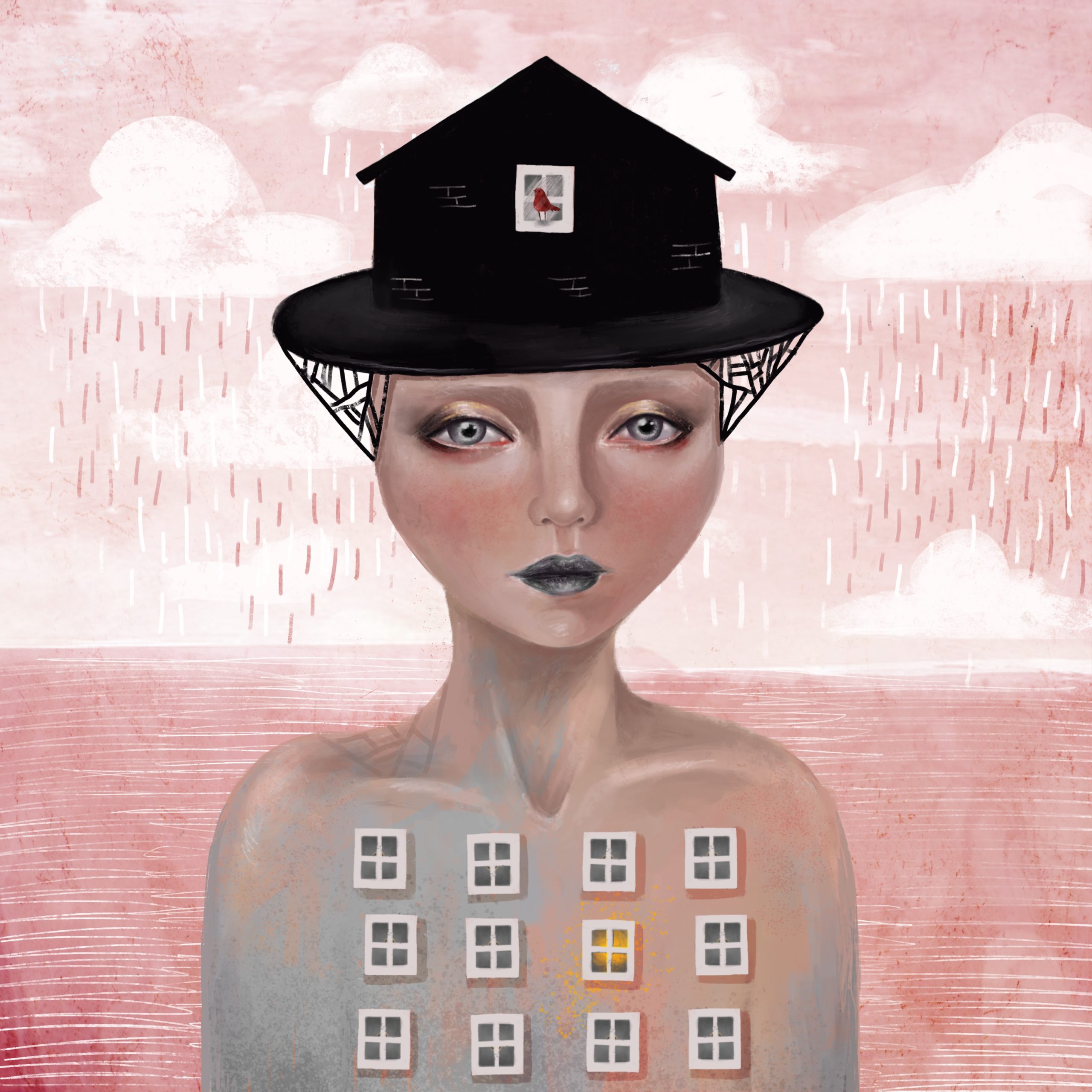 Anna Kavehmehr - Homebound It wasn’t magic that made her into a house, it was her ability to transcend literalism. That’s what made her a witch, the universe contained in her shimmery blue lips. A 3x4 grid of windows lined her chest. All were dark, minus the one where the light of the sun shone through. The peak of her flat-brimmed hat formed the ridgeline of a gothic house, a cardinal preparing to build a nest in the attic window. A spider's web of scaffolding steadied the hat to her head. She had become fused to her surroundings, reshaped by them. She was homebound.