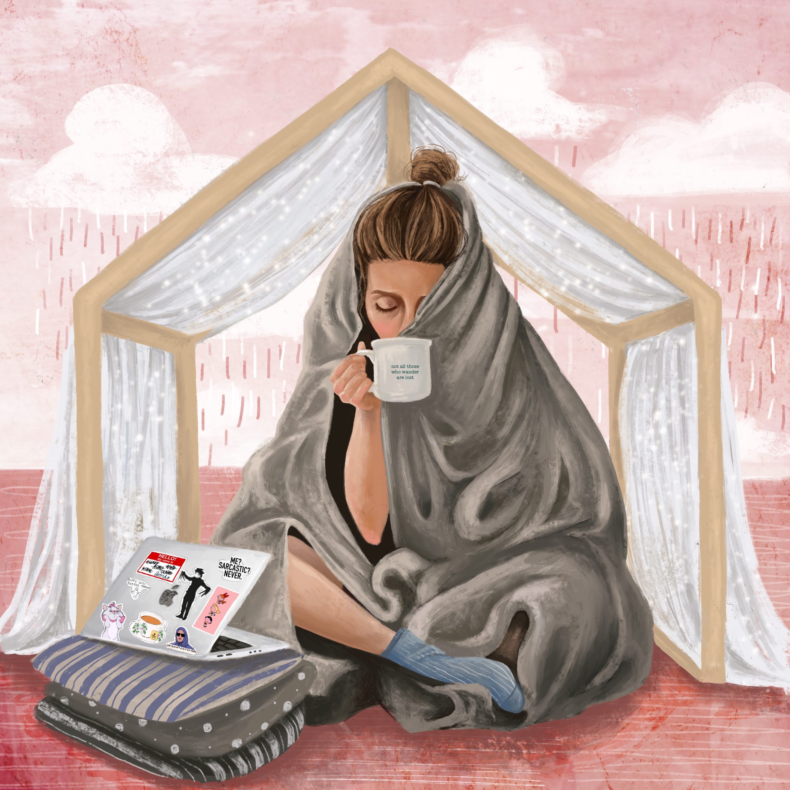 She was nestled in a blanket under a fort of sorts, a wooden frame of a house draped in a twinkling sheer voile. Seated cross-legged on the ground, she clasped awhite mug that read ‘not all who wander are lost’. She customized her pillow-propped laptop with stickers of the Powerpuff Girls and Edward Scissorhands. She was working from home.
