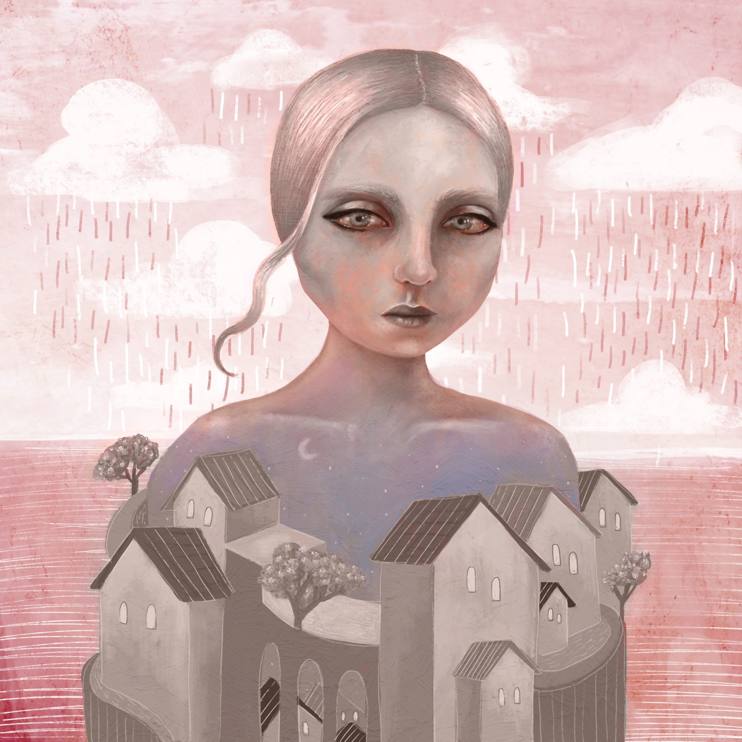 Anna Kavehmehr - Silent City She was not the center of the universe, because she was the universe. Her body held the night sky, which rose above an empty, colorless city. It was the stars and the waning crescent moon that glistened on her translucent skin. Atop her shoulders, rosy tear-stained cheeks showed signs of life on an otherwise stone complexion. Her bloodshot eyes looked directly through you communicating her forlornness in the silent city.
