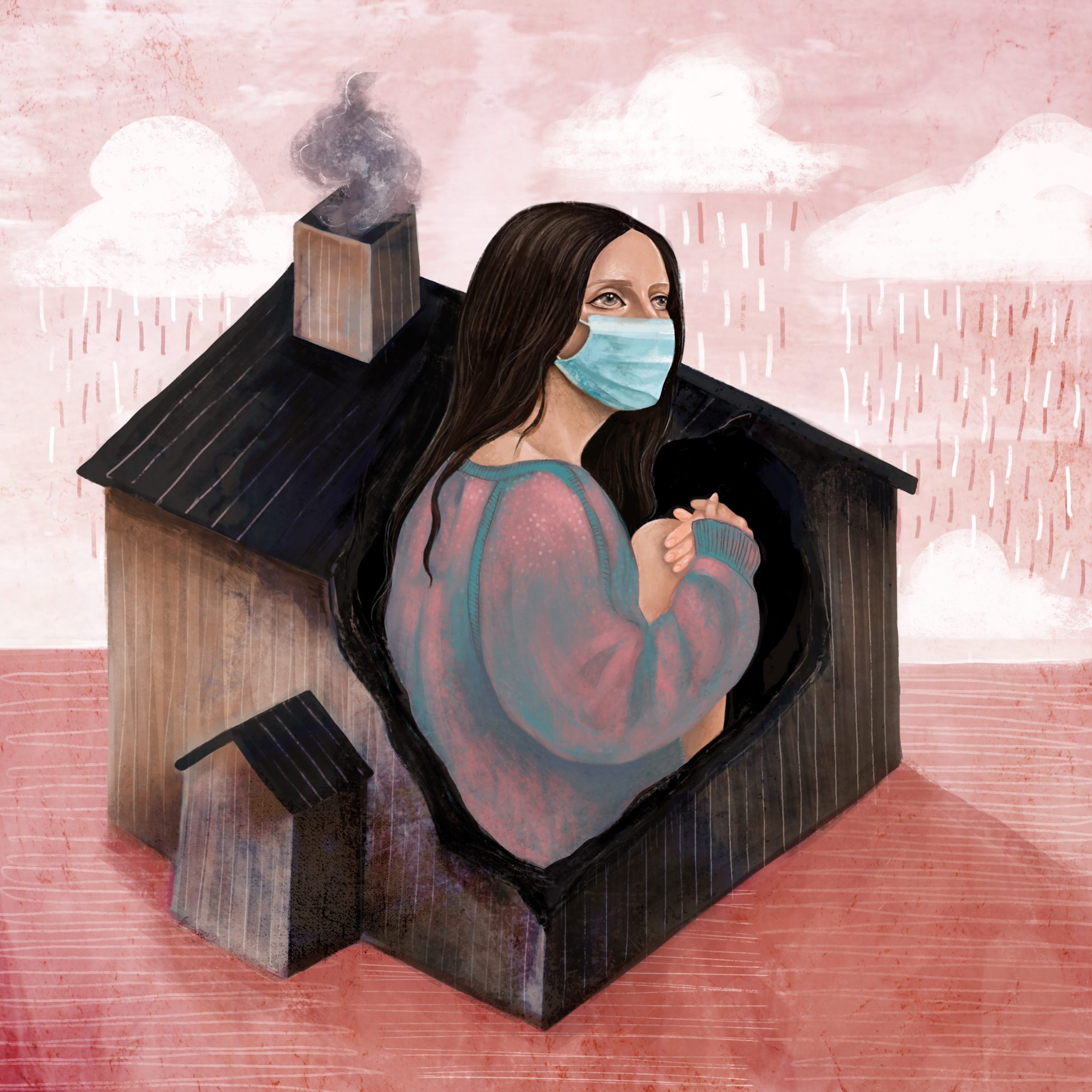 Anna Kavehmehr - Fresh Air Her house could no longer contain her. She sat, resting her back along the clapboard seam she had burst from. She was sheathed in an oversized pink and aqua ombre sweater, offering her the protective force of her disposable teal facemask. Cradling her knee close to her chest, she looked up to the stormy pastel sky. She was taking in the fresh air.