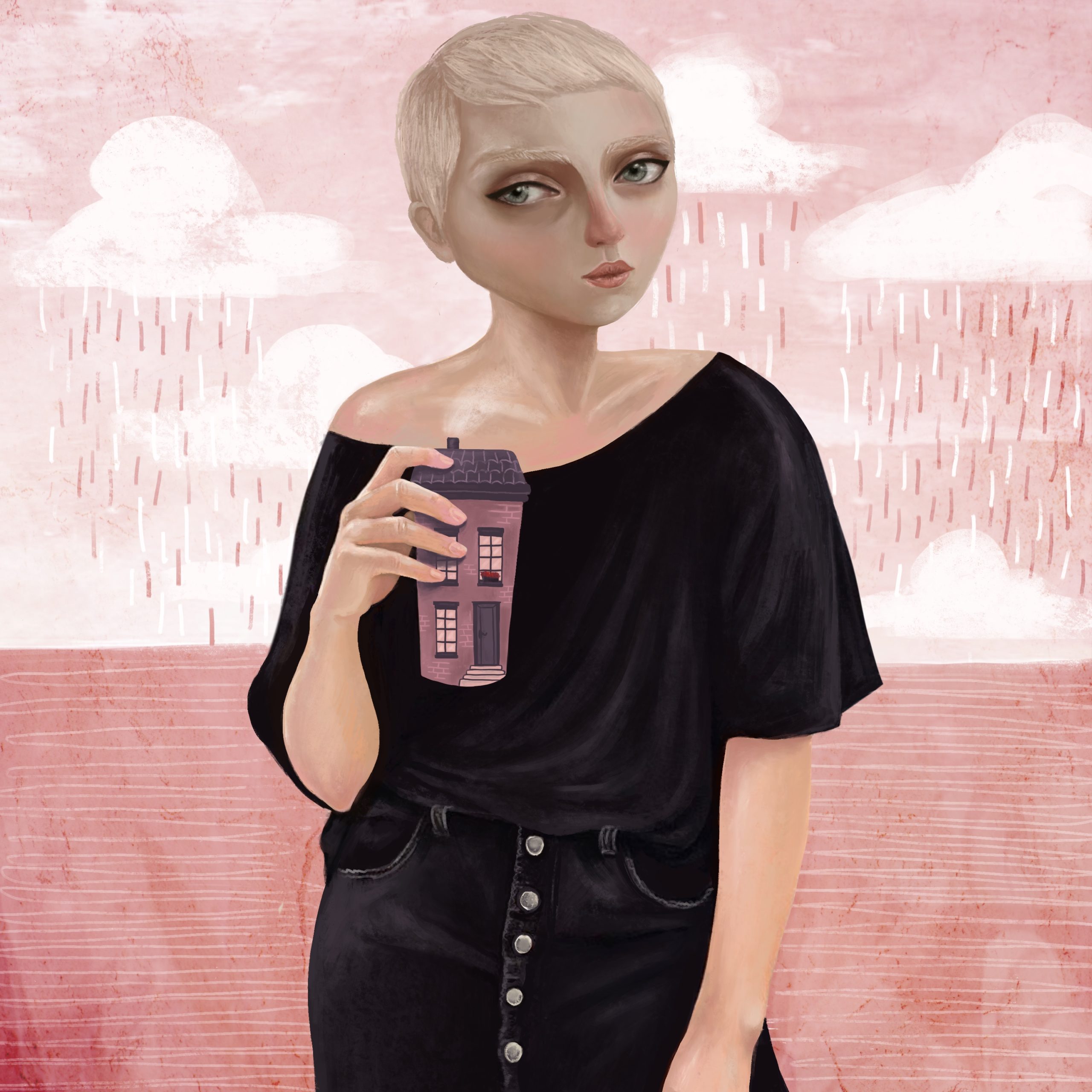 Anna Kavehmehr - Homemade The drinking hole of her to-go cup rose into a steaming chimney that jutted from the shingled roof of its plastic lid. She was out in the world, donning five-button faded black jeans with a black, off the shoulder draped tee. A blonde pixie cut accentuated her doe-eyed, expressionless face. The cup was a house in her hands, carrying comfort and safety. It was a home, made.