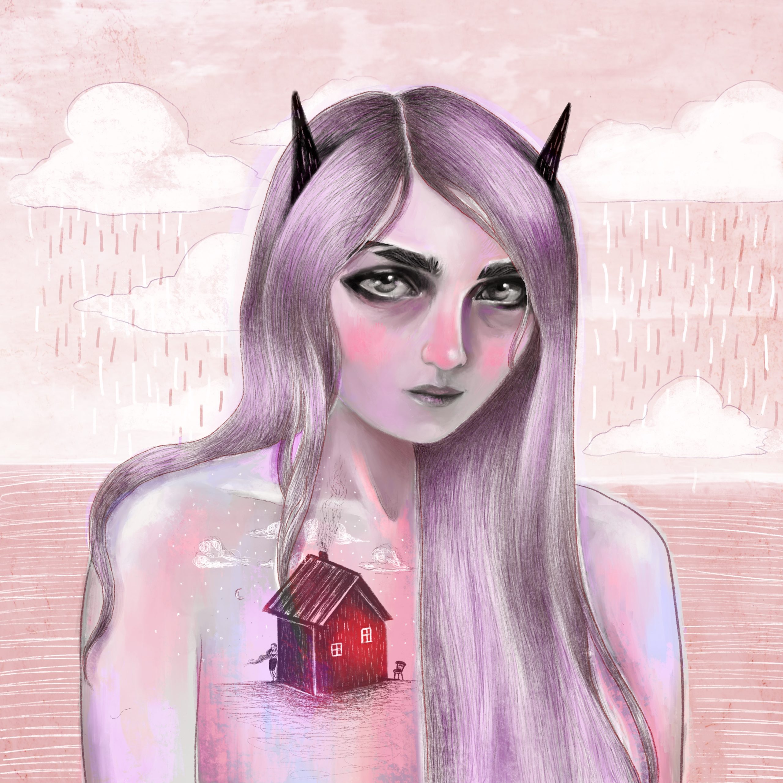 Anna Kavehmehr - Homesick Her home was where her heart was. It was a primitive red cabin, smoke billowing out of its chimney, up along her aortic valve. Inside Her the rain had become a starry sky, while outside it continued to fall. Two horns, matching her full brows, pierced upward through her lilac ombre hair. Her gray eyes bereft, offset by rosy cheeks. She was homesick.