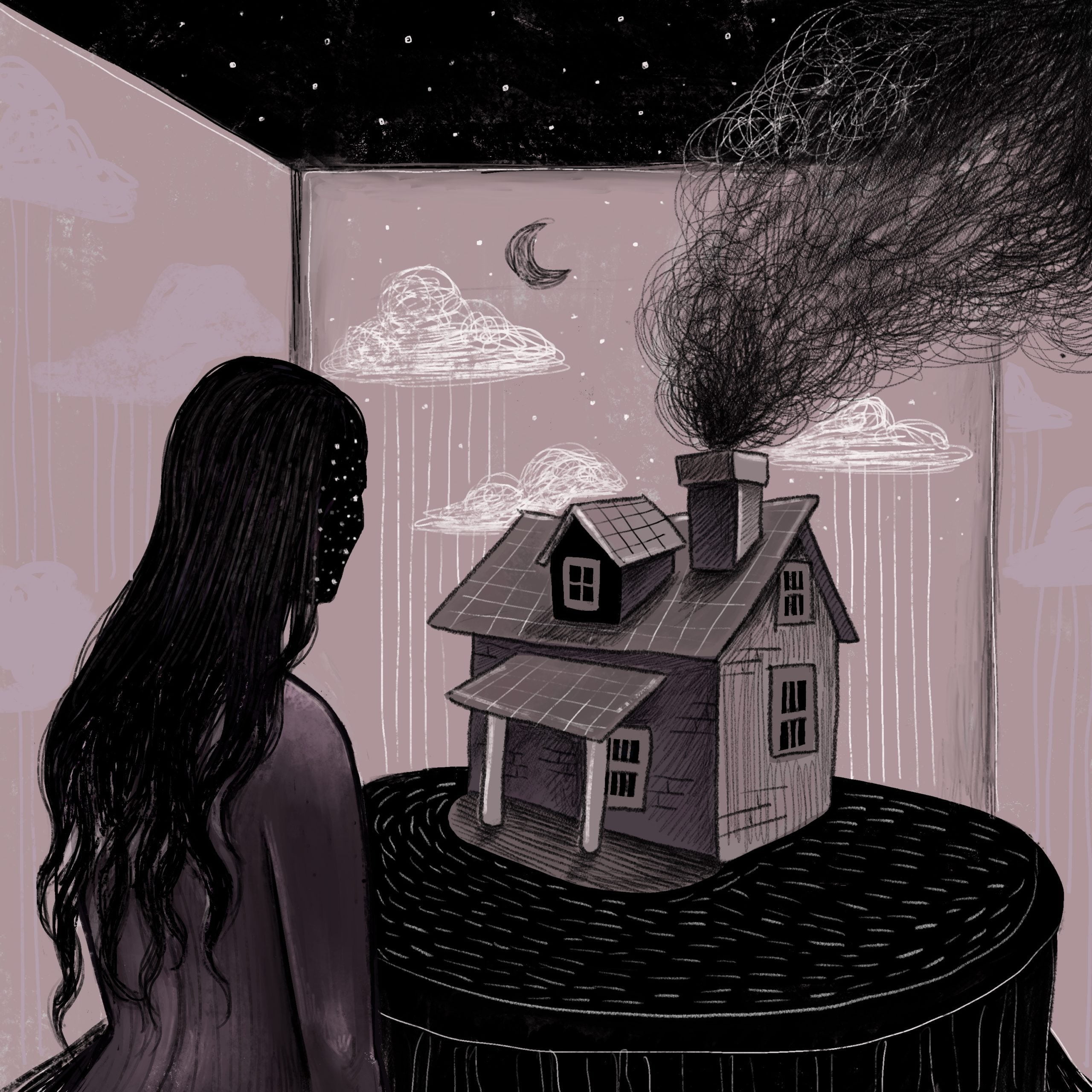 Anna Kavehmehr - əˈbandənd She stood in front of the tri-fold board, a science fair display of yore. A scrawl of clouds and rain, an interjection of her present state on the pitch black dreamscape beyond. She peered at the house with its porch and chimney billowing scribbled smoke. Her face had been erased, becoming the night, with a twinkling smattering of stars. The house was doll sized, placed upon a shaded stump, it seemed to be on display. Perhaps because she couldn’t fit in it, she was abandoned.
