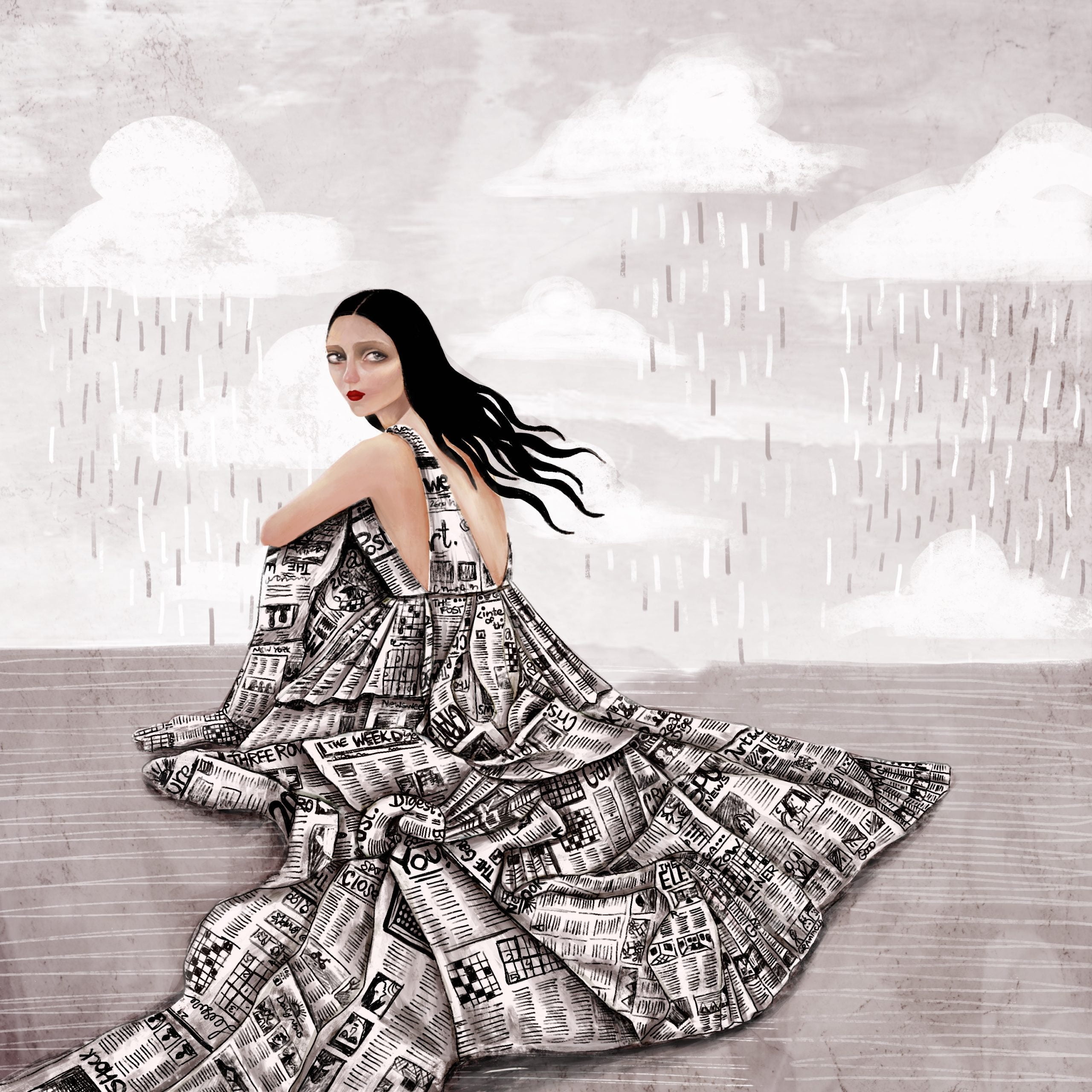 While rain continued to fall from those three cumulus clouds, the pink monochrome background faded to gray. She sat on the ground, facing away from the camera, draped in an elaborate dress made of newspapers that flowed behind her. Her hair blew back, in the direction of her sad gaze. Searching through the wind that passed, she was encumbered by all that is newsworthy.