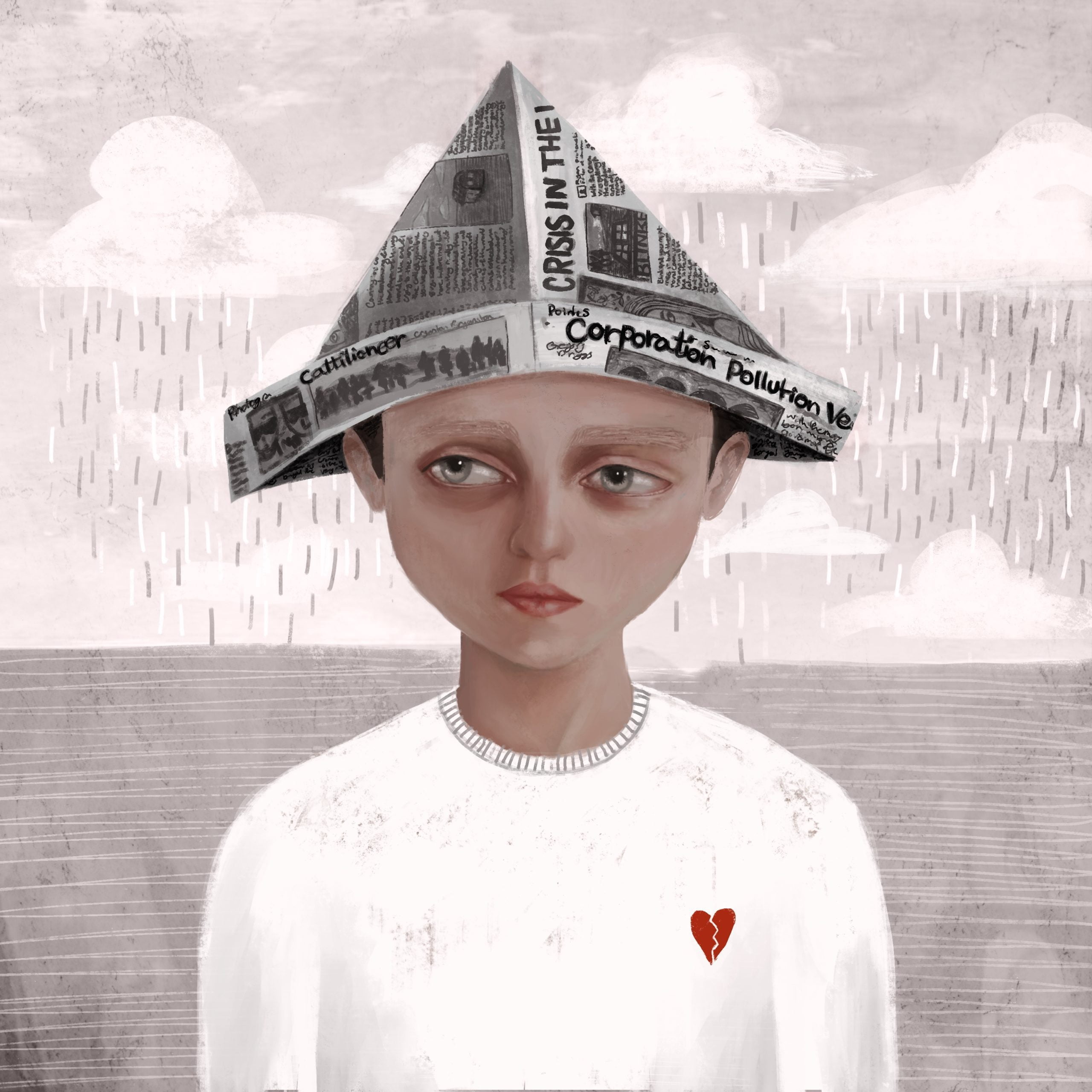 Crisis, Corporation, and Pollution headlined the young boy’s newspaper boat hat. His dull grey eyes, reflecting the rainy skies, were surrounded by dark circles of listlessness. The broken heart logo on his white sweater brightly contrasted the shades of gray beyond. The gritty texture of the landscapes reflected his own distress. His apparent boredom was undeterred by play time.