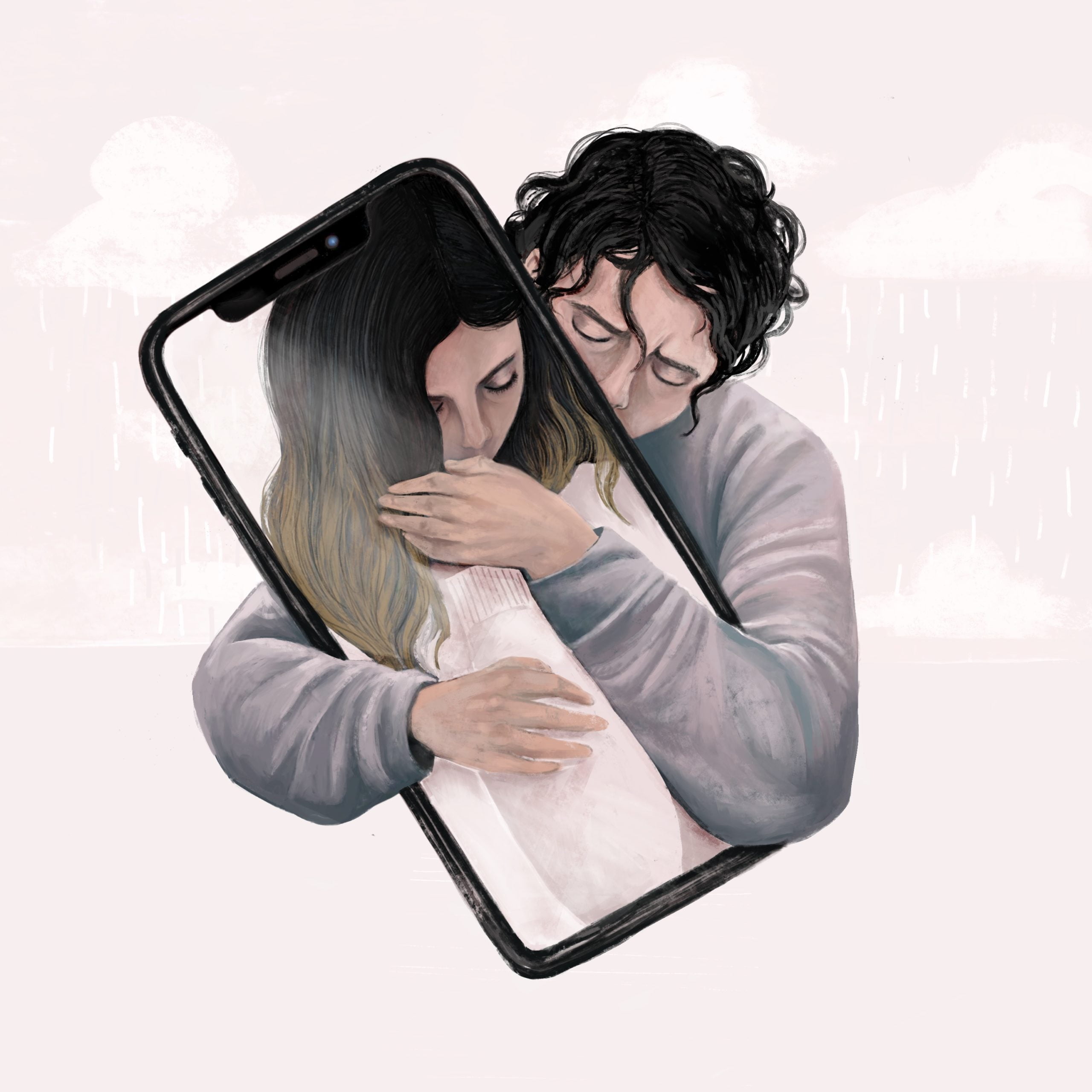 Anna Kavehmehr - Embrace She is contained in the shell of a human sized iPhone. The rain clouded background is washed out, a bright injection of light smoothing the patina of yore. He wraps his arms around the iPhone from behind, as she serenely leans into his hand which covers her own. His hair is disheveled, his brows furrowed, he is in distress while he holds her in a digital embrace.