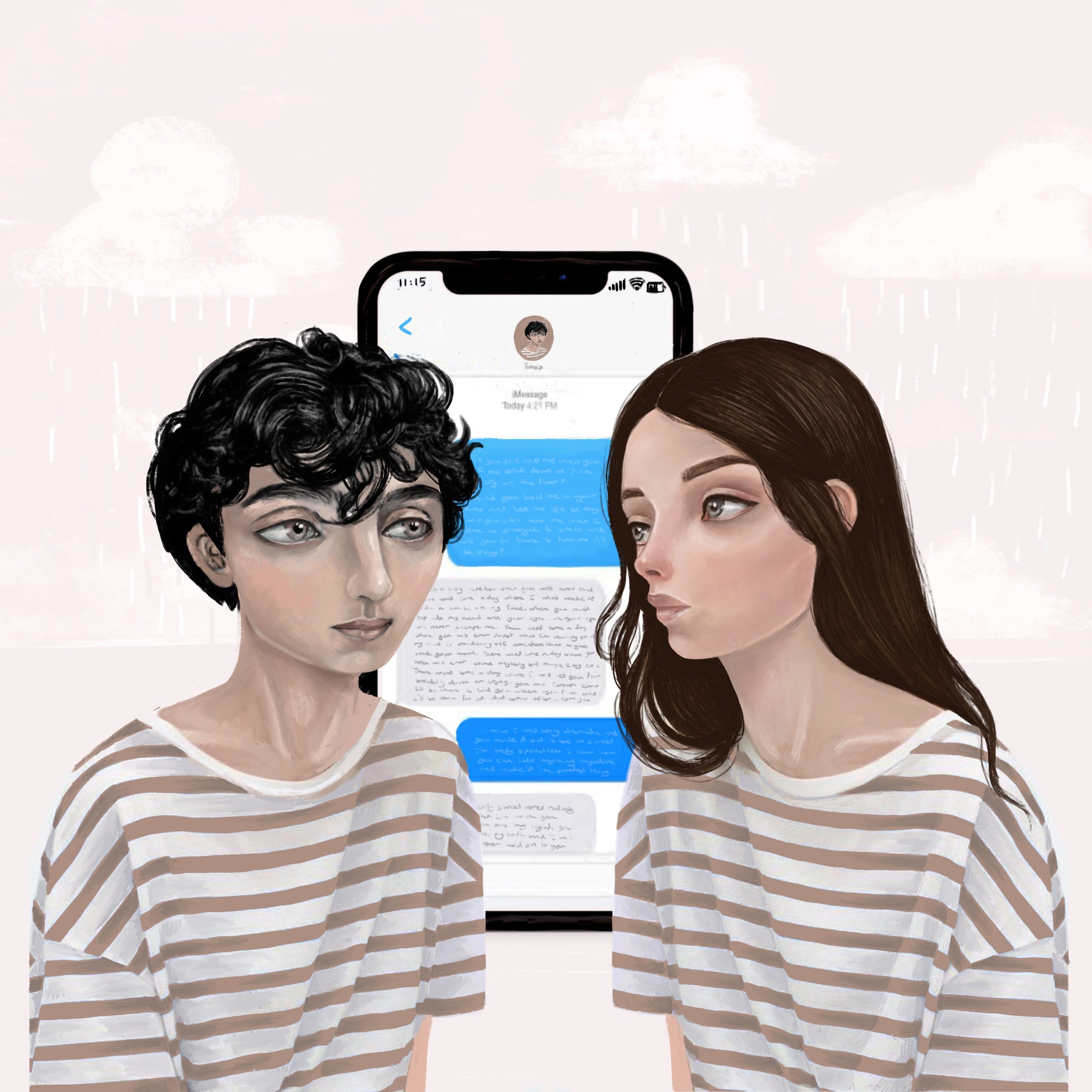 Anna Kavehmehr - Distanced They were facing each other, which meant they now had to face each other. The couple sat together, in matching striped shirts. While a glimmer of a smile hinted to his interest, her upward gaze did not reciprocate. Between them, a digital rendering of an iPhone was inserted atop the washed out background, and served to make the foundation of their relationship explicit. While not legible, the text exchanges on screen appear robust, in contrast to their silent demeanor, reminding them that at any moment, they would again be socially distanced.