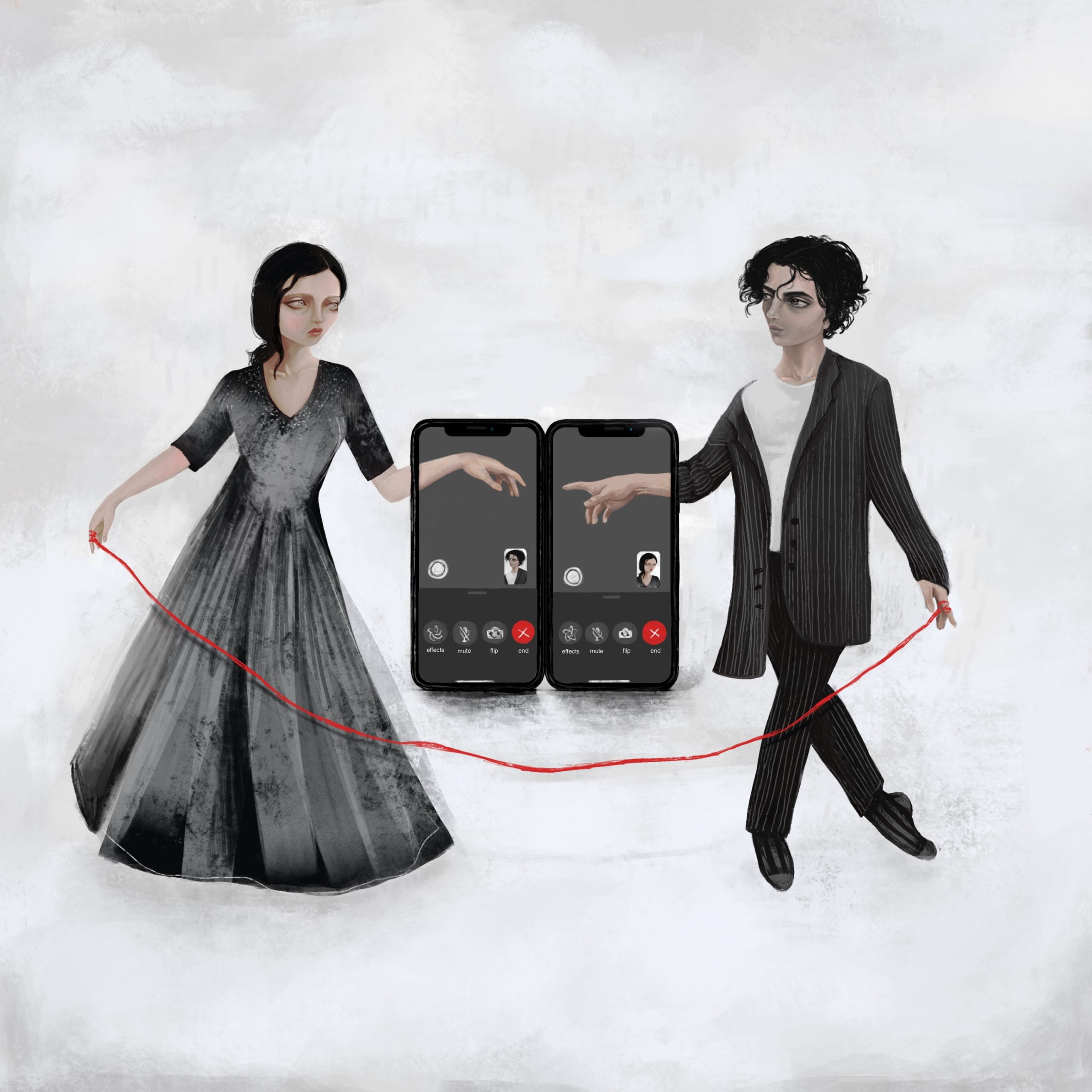 Anna Kavehmehr - Connection Two iPhones, screens open to Facetime, are situated side by side in the center of this image. A dreadfully beautiful macabre couple were on the distant edges. To the left, she wore a black dress draped in lace. To the right, he swam in an oversized pinstripe suit. They reached each other in a myriad of ways. First, through their gaze. Then there was the red string tied to each of their index figures. Finally, the reach of their arms through their respective iPhones, fingertips nearly meeting. A recreation of Michaelangelo’s ‘The Creation’. This is their connection.