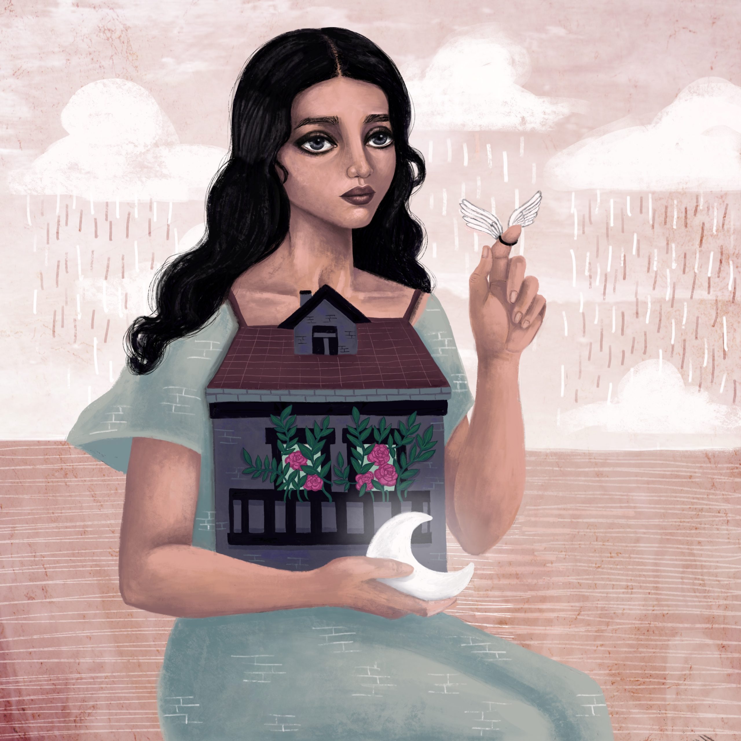 Anna Kavehmehr - Lucid She sat, cradling her home in her arms. Blooms from rose bushes poured out of its windows. In her right hand, she cupped a glowing crescent moon as it waned. A ring crowned by white dove wings, ready to take flight, adorned her left hand. The rain clouds had reappeared in the background, their usual gray replaced by a dull but familiar pink. Tendrils of wavy hair framed the bittersweet expression on her guileless face. The things she held onto were solid, unlike her worn and faded surroundings. They grounded her, a reminder of how to be lucid.