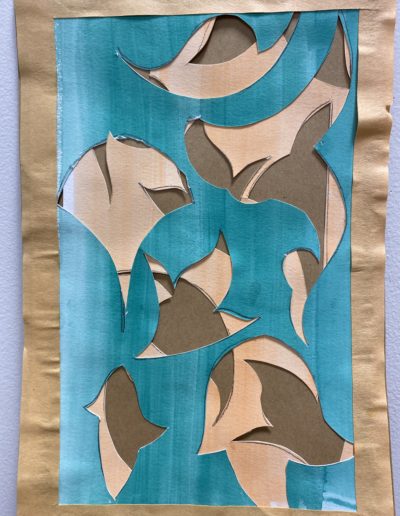 Swooping curves meet at sharp corners: swallows gliding or leaves falling. Sky blue, overlapping cloud white, casting shadows onto earthy brown. A rippling frame of masking tape seeks to contain the pattern’s movement, and is instead seduced by it.
