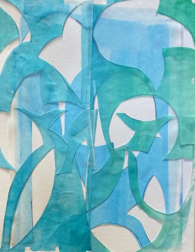 Layers of glassy blues and greens, cut into narrow curves that swing between tree-like anchors, overlapping, shifting and echoing.