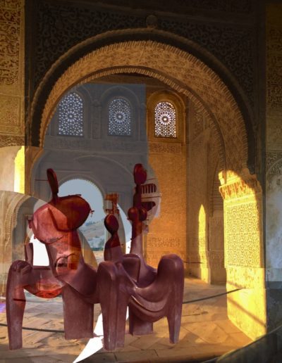 Recombinant memories: a trio of sculpted women have come to rest beneath the dappled light reflected by the archway, like a rocky outcropping under a Mediterranean sun. The figures bear traces of their digital relocation—rope barriers appear to pass through their massive bodies, before fading against the intricately carved walls.