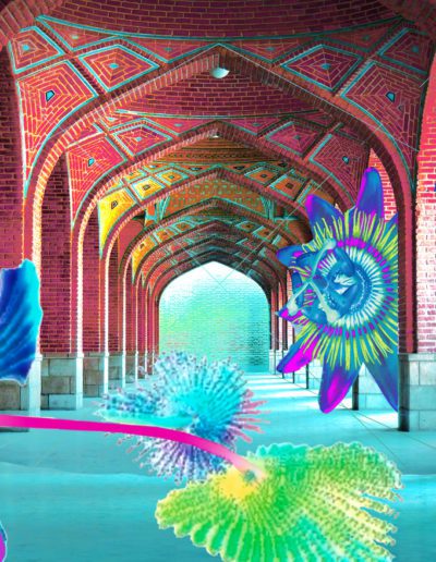 A photographic blueprint for paradise: vaulted brickwork repeats, repeats, repeats, repeats, establishing a rhythmic pull toward a horizon of infinite depth, or perhaps infinite shallowness. The horizon spills forward, gently consuming the bottoms of the arches, feeding the encroachment of the garden. The spiked petioles of a monumental flower gaze upward; it’s colours are reflected in the brick, affirming the welcomeness of its incursion.