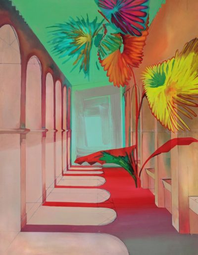 Rosy light spills from the arched windows that line the aisle, where flowers rise like bright-feathered birds to the ceiling—yellow, orange, magenta, blue. Beyond them, the passage reconfigures into the faded angular shape of a memory.
