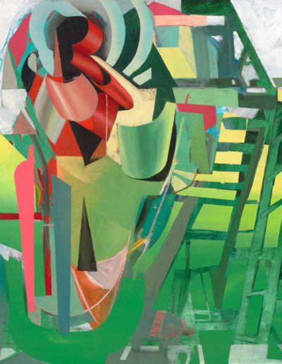 A tangled mass of laddering green fills the yard. Arches, curves, planks, blue vaults nearly blot out the pale sky. These bright shards fuse around a mass of dark red, like a heart sheltered by the body’s ribs.