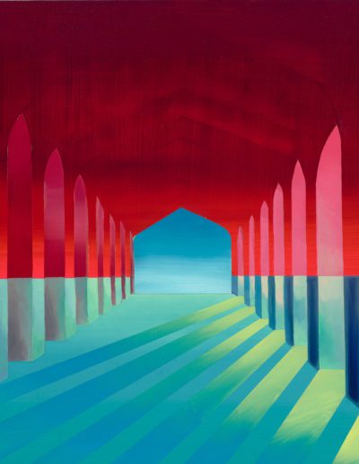 The sunset-coloured hallway opens onto the dimensionless expanse of a cloudless sky and merges with it. Arches line the hallway, the steady beat of their repetition carried forward by the bars of light that pass through them, carving an imaginary staircase into the flat ground, leading toward the center.