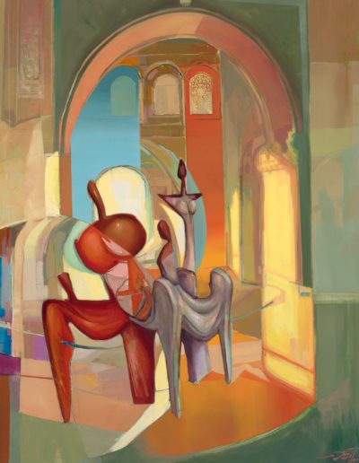 The sunlight bakes the archways until they radiate with the warm glow of the coast, azure shadows emerging from the depths to lap gently against the soaring stone. Three figures pose defiantly at the entrance to this passage. They are out of place and yet they are at home here; the swooping curves of arches reflected in their heavy limbs.