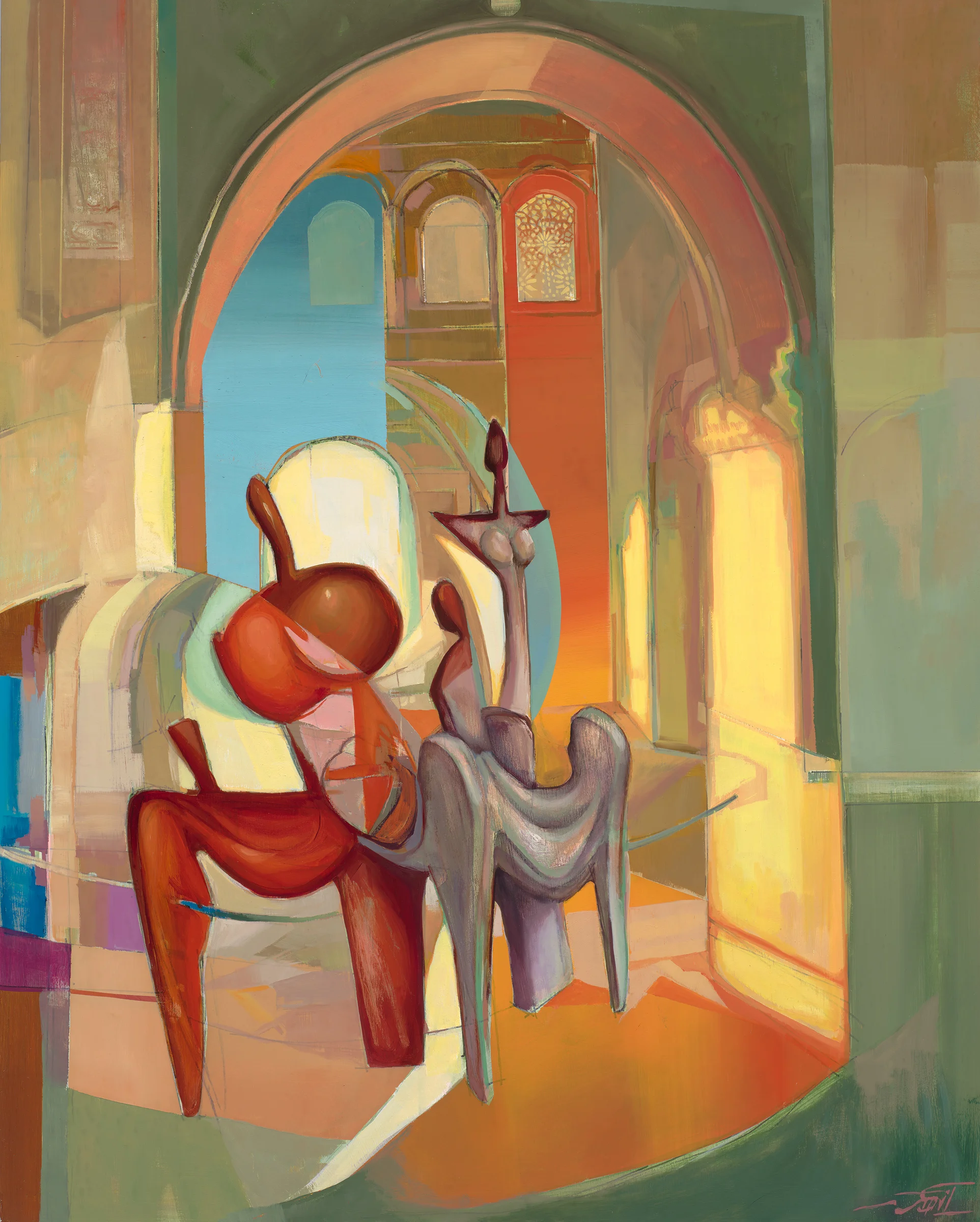 Reclining lovers, 2020, 24” x 30”, Oil on birch wood panel The sunlight bakes the archways until they radiate with the warm glow of the coast, azure shadows emerging from the depths to lap gently against the soaring stone. Three figures pose defiantly at the entrance to this passage. They are out of place and yet they are at home here; the swooping curves of arches reflected in their heavy limbs.