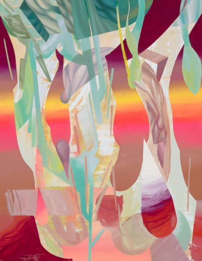 Bars of colour like dawn on the coast—tendrils of algal green—liquid drops of red and pink—background and foreground trading places like the shapes of a life in a new city, where you’re almost a stranger to yourself.