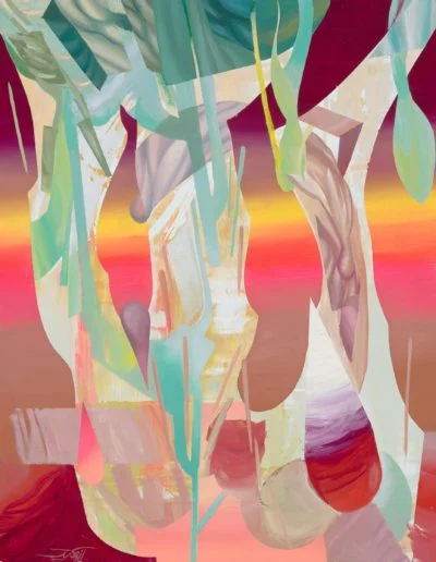Bars of colour like dawn on the coast—tendrils of algal green—liquid drops of red and pink—background and foreground trading places like the shapes of a life in a new city, where you’re almost a stranger to yourself.