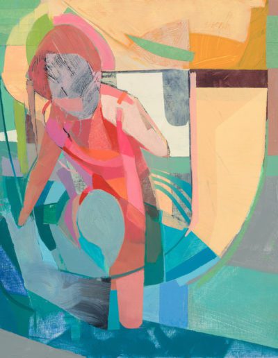 In the morning light, the bather is quilted with pink. She enters the water, tenderly lowering her head, reaching her arm toward the blue surfaces, which shatter and splinter around her.
