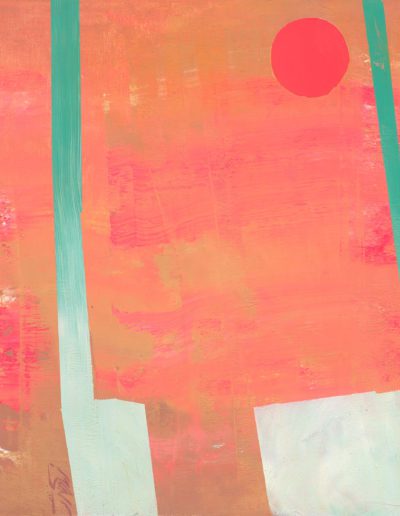 Hot pink moon in a burning sky. It hovers between two columns of sea green, between the borders of an endless hour.