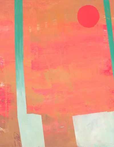 Hot pink moon in a burning sky. It hovers between two columns of sea green, between the borders of an endless hour.