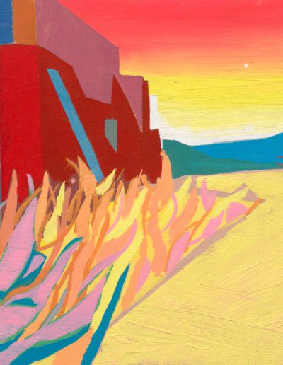 Now the moon is a pale absence in the morning sky. Now the building is on fire, licked by tongues of pink, yellow, and pale peach. The flames reach for the outer walls, wanting them for their redness, while the low-lying hills of blue and green keep their distance.
