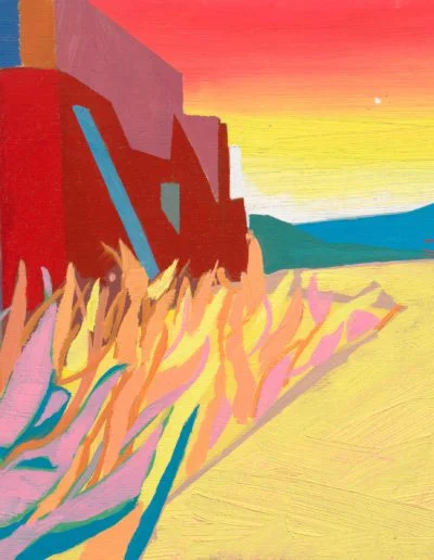 Now the moon is a pale absence in the morning sky. Now the building is on fire, licked by tongues of pink, yellow, and pale peach. The flames reach for the outer walls, wanting them for their redness, while the low-lying hills of blue and green keep their distance.