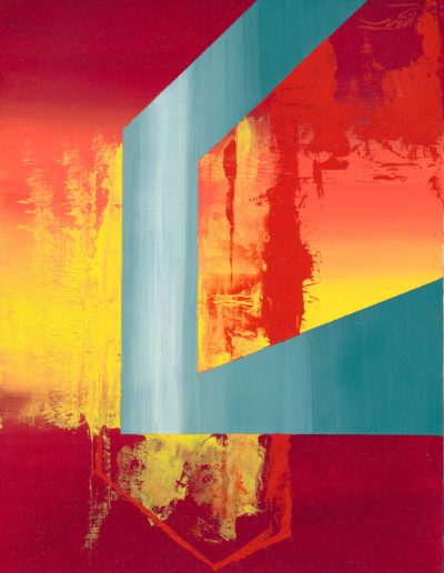 Red and yellow are shimmering, gleaming, cut by a folded metallic beam. Its hard edges drive back the soft surface of the flames.