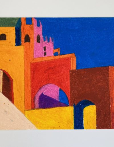 Skewed walls and arched portals signpost a crooked path amid loud colours, amplified by the glare of a cloudless sky.