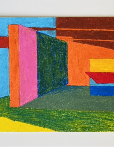 Building block walls— planes of colour stacked end on end. One slab upturned, protruding, interrupting space and light, painting the ground with shadow.