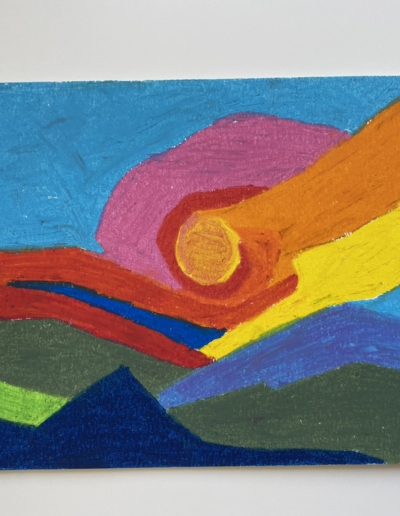 Hurricane sunset— spiral bands rotate around a fiery core, then unfurl sending ribbons across the sky, and tracing the edges of the mountains, already bathed in shadow.