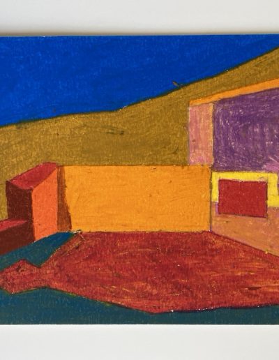 A balcony invites contemplation of arid hills, protected under the shadow cast by a domed roof. The built walls echo the shape of the incline.
