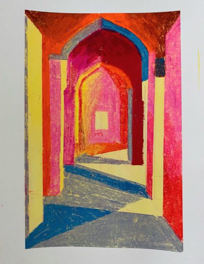 Light slices through the corridor, carving a jagged passage under the resolute guidance of the archways. Pointed apertures diminishing in size bring the centre into focus.