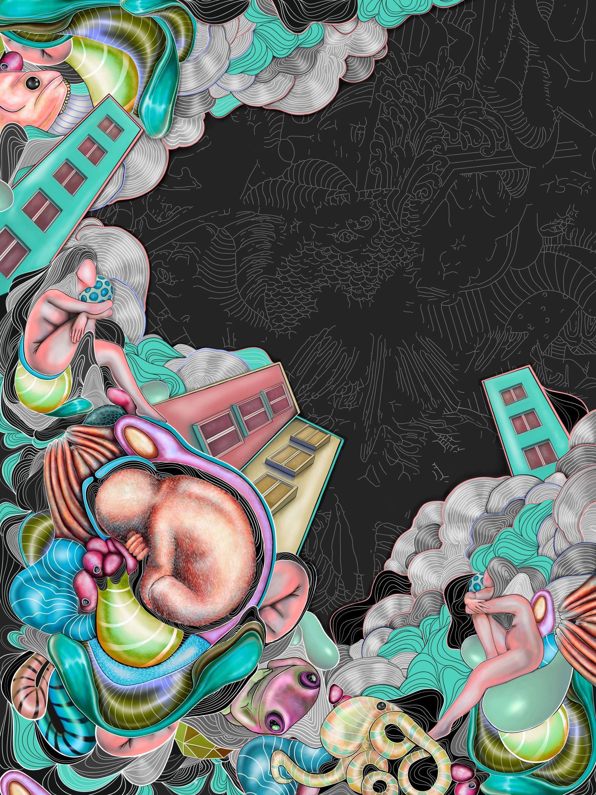 Aqsah Shah - The Waiting Space and time, shaped by memory. Figures blooming from a precursory darkness, crowding the edges of a gestating consciousness, forming themselves in its proximity, a city interrupted by softly vibrant swelling wilderness.