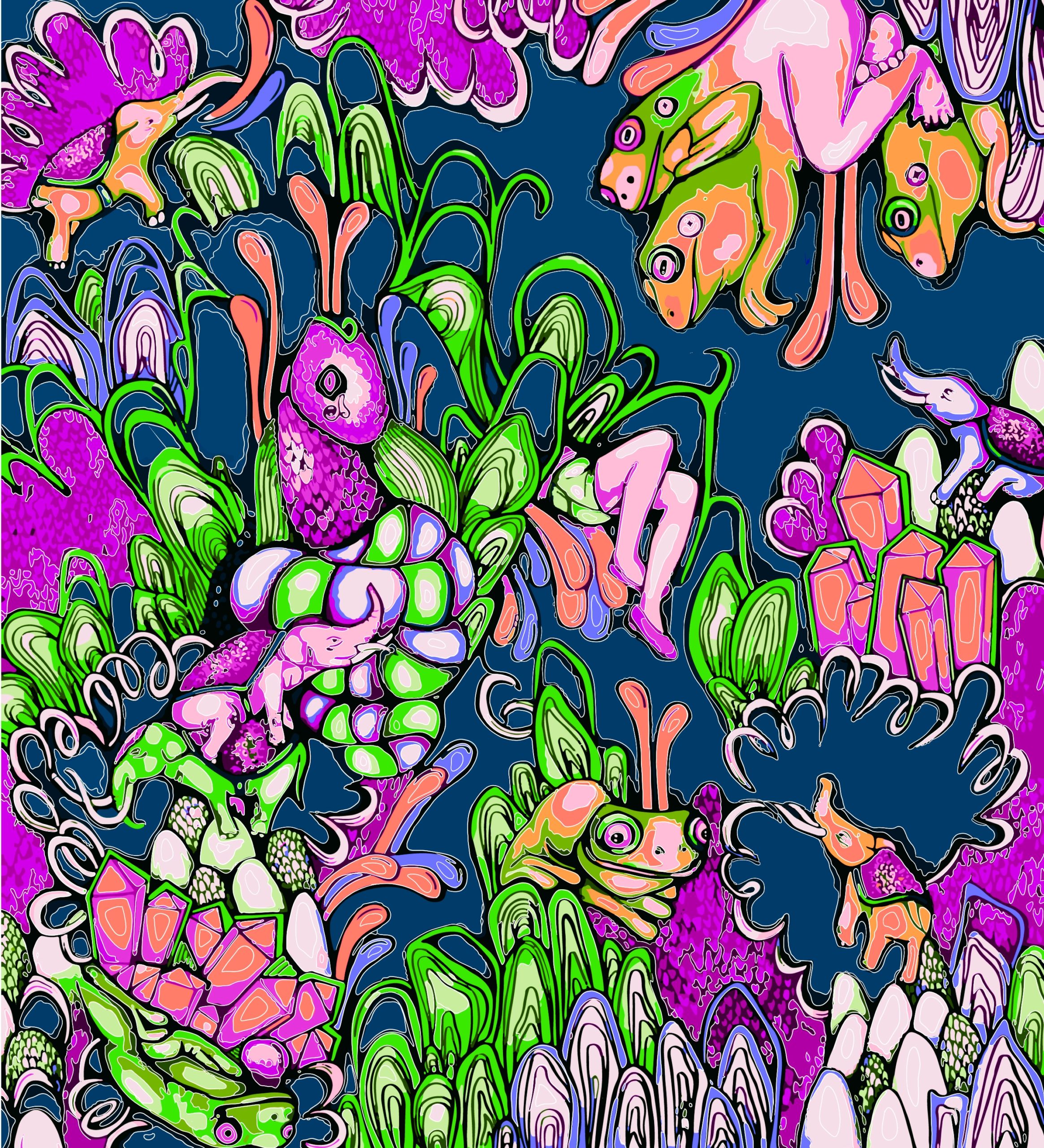 Aqsah Shah - Dysmorphia You have lost yourself in thought. Your body has all but disappeared replaced by a fragmented world, lacking logic or direction, but somehow closer and more vivid than what was there before. You are surrounded by forms you have loved and admired and perhaps feared: jhool-wearing elephants, a gasping fish, frogs that captivate with their poisonous beauty. Sharp crystal, soft leaves. You let yourself drift in the beautiful, terrible chaos.