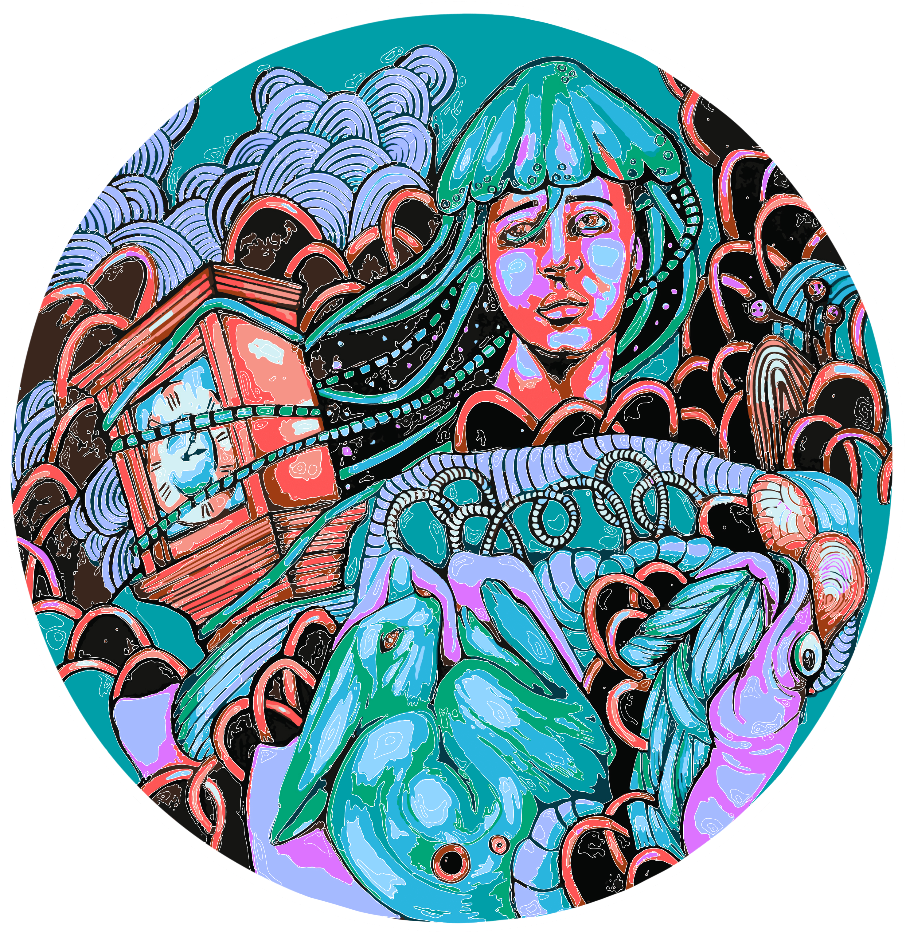 Aqsah Shah - Keep of Time The shape of a clock's face circumscribes a universe. An ocean teems with soft, sinuous, fleshy life forms that reach and crowd and intertwine. Hiding in the depths of the small, in-between spaces is a vast almost-emptiness, dotted with stars. Someone is there within the chaos. She has grabbed hold of time and become tangled with it. She feels its indifferent determination. She gazes outward, seeking something beyond it.