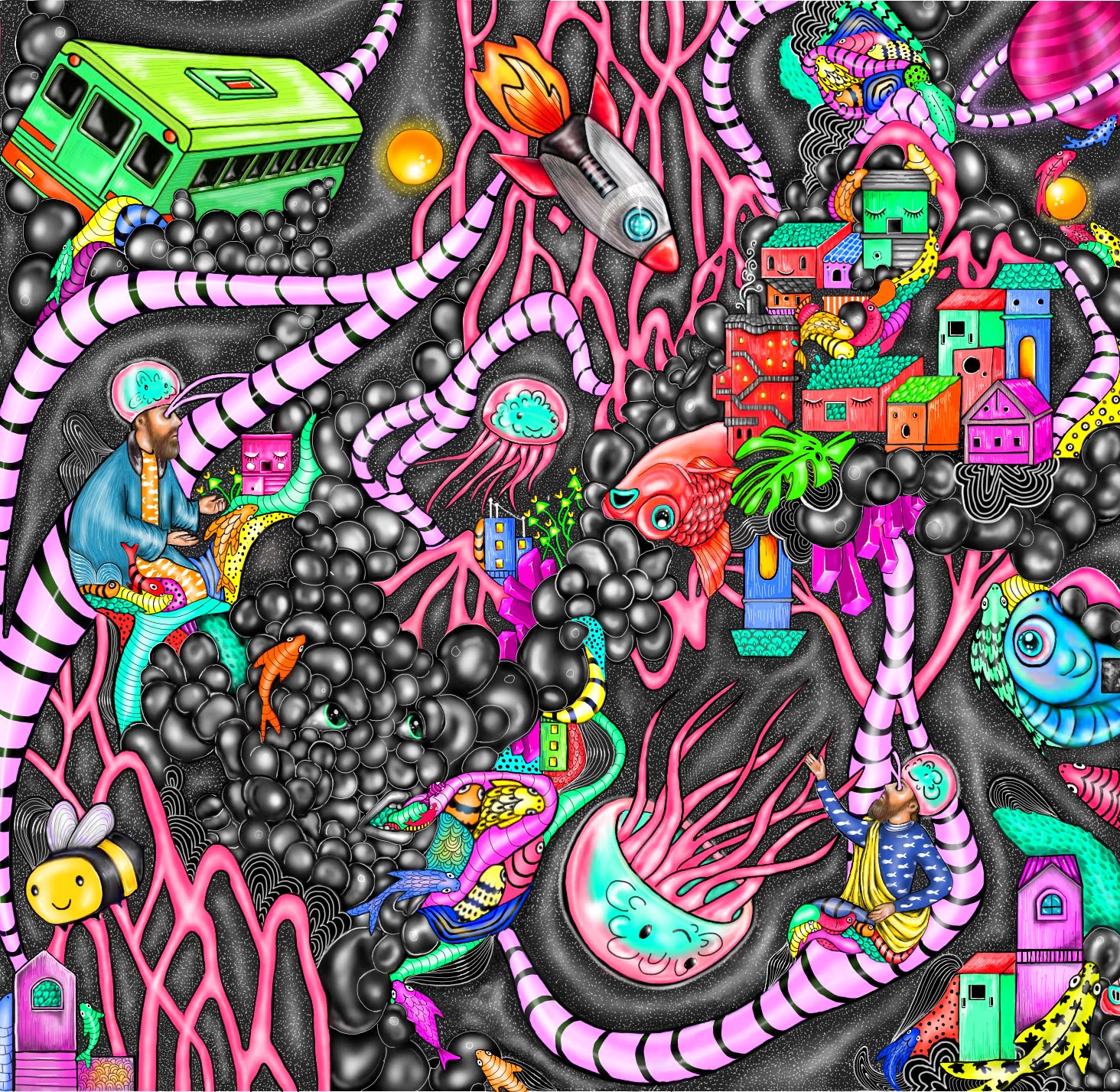 Aqsah Shah - Muddled A city is an organism. Neon cables reach and swoop and connect, transmitting nervous energy. A tarry intestine bubbles and weaves like a polluted stream, staring hungrily at the fish caught within its eddies. Spread across the asphalt skin, a microbiome of symbiotic life forms smile blissfully, too small to notice the roiling chaos of their ecosystem.