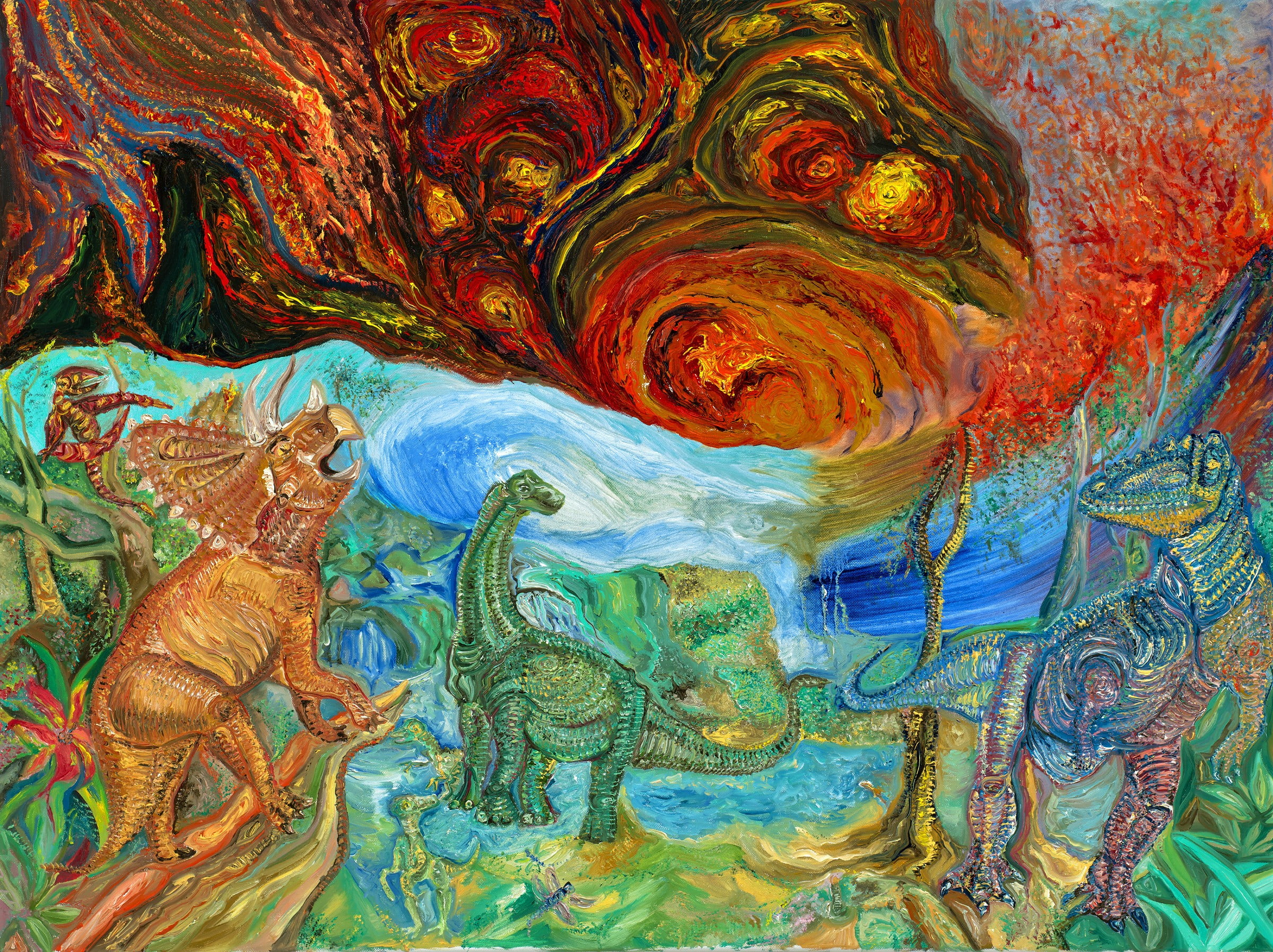 Calamity: a sky replaced by roiling fire, surging downward to boil the sea and consume the lush vegetal wilderness. Below, the great beasts with skin like jewel-toned leather recoil in terror.