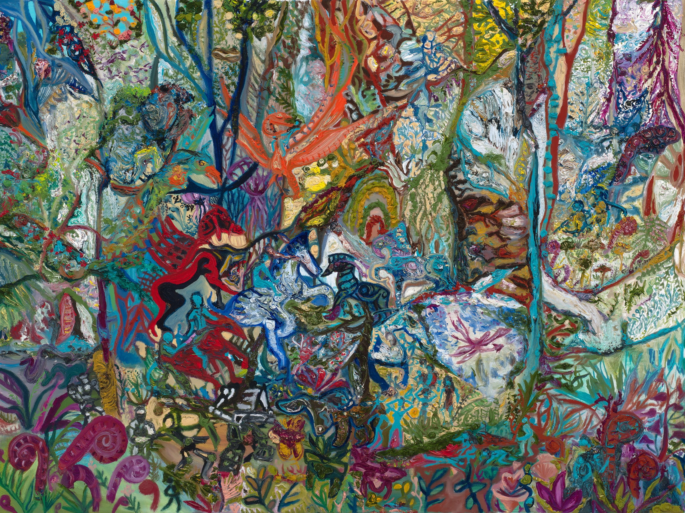 A fractal landscape, shards of colour and texture tiled irregularly over a kaleidoscopic expanse that reveals glimpses of drifting kelp, rough pebbles on sand, elfin mushrooms, coiled fiddleheads and heavy, trailing vines. Blue beings traverse the scene atop winged imps with reptile faces, and bathe at the foot of a thin waterfall.