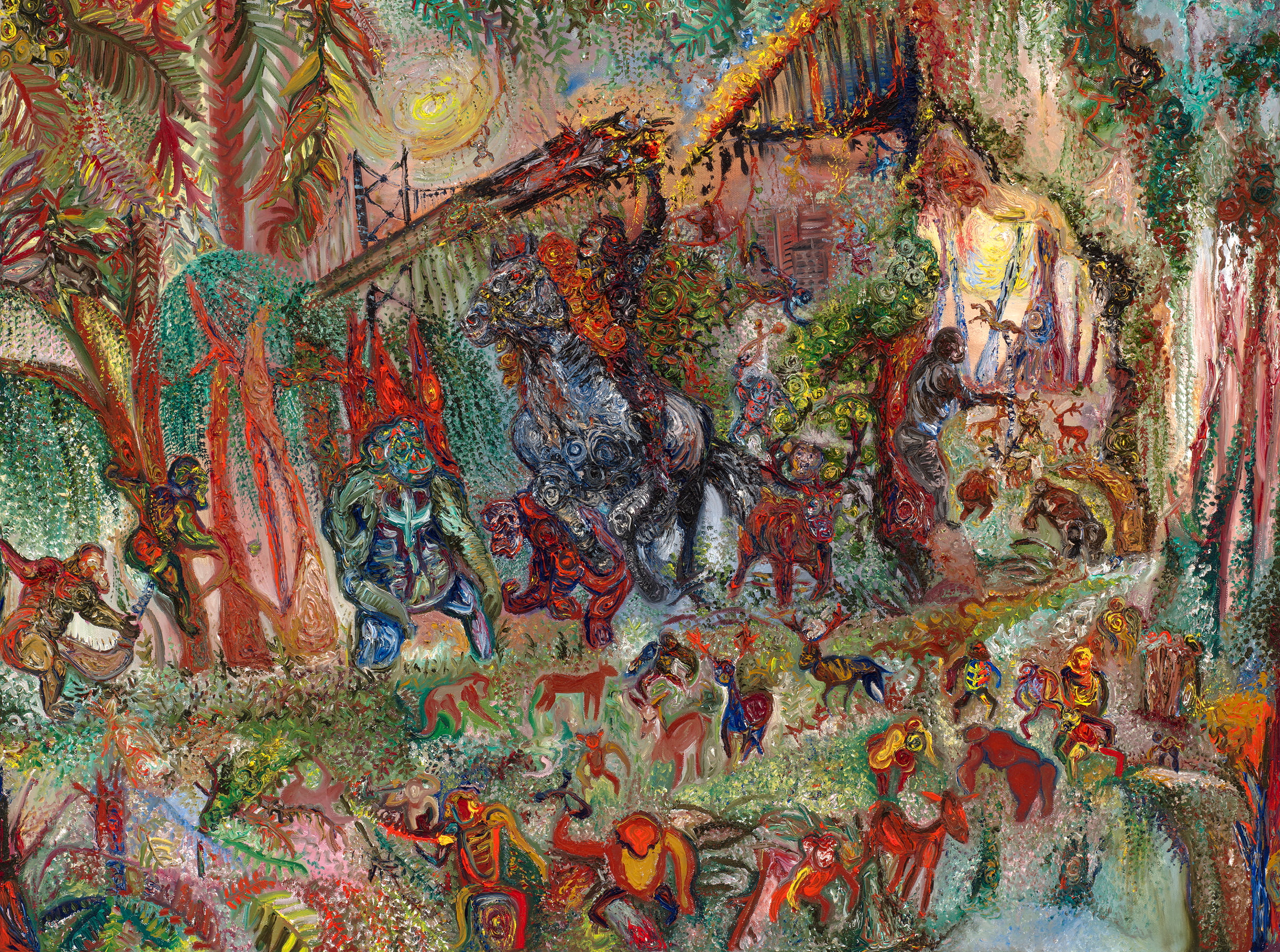 The light is filtered through the canopy, hazy and diffuse. The plants themselves are untamed, yet somehow restrained: small trees with rounded crowns or curved trunks and tight, dense foliage, like wild bonsai, give way to a small meadow of softly stippled grasses. In the meadow, the apes gather like revelers. What seems at first to be a picnic or open-air ball gradually reveals itself as something more troubled. The largest of the apes rides atop a rearing steed, the circular patterns of its skin recalling the vitreous mounts of the Epirota Phalanx. The ape raises one fist toward the sky, calling attention to a shattered and burning bridge, with splintered edges that resemble a frayed and sparking power cable.