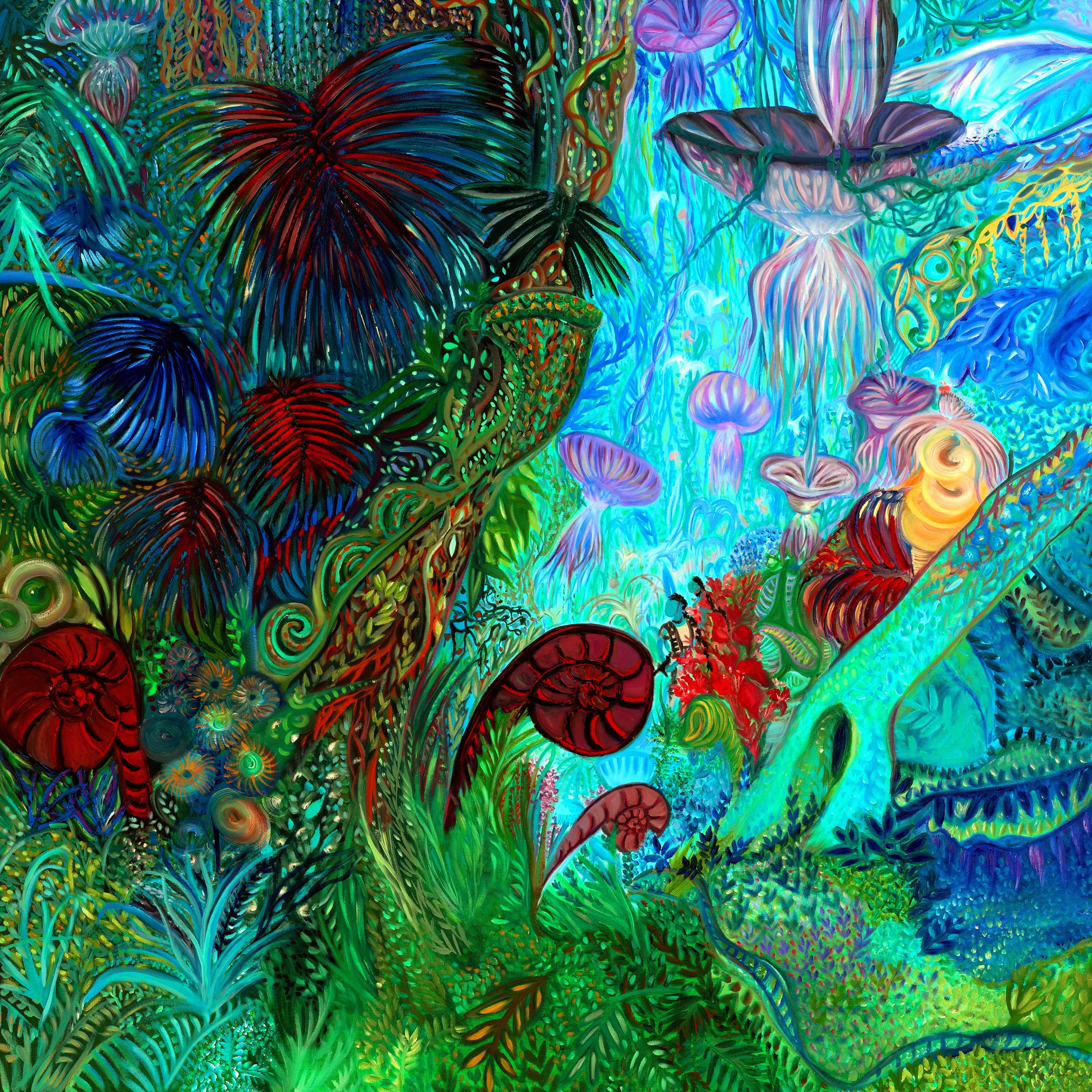 The rainforest has evolved, and in doing so, has converged with the ocean reef. Bioluminescent species cast a surreal underwater glow. Fiddleheads curl into themselves like nautiloids. Fleshy palm fronds fan outward from bulbous stems like sea anemones. Fungal spirits bob gently upon the breeze, their shaggy mycelia dangling like tentacles from bowl-shaped caps. The arc of a lichen-covered branch scaffolds the ecosystem like coral.