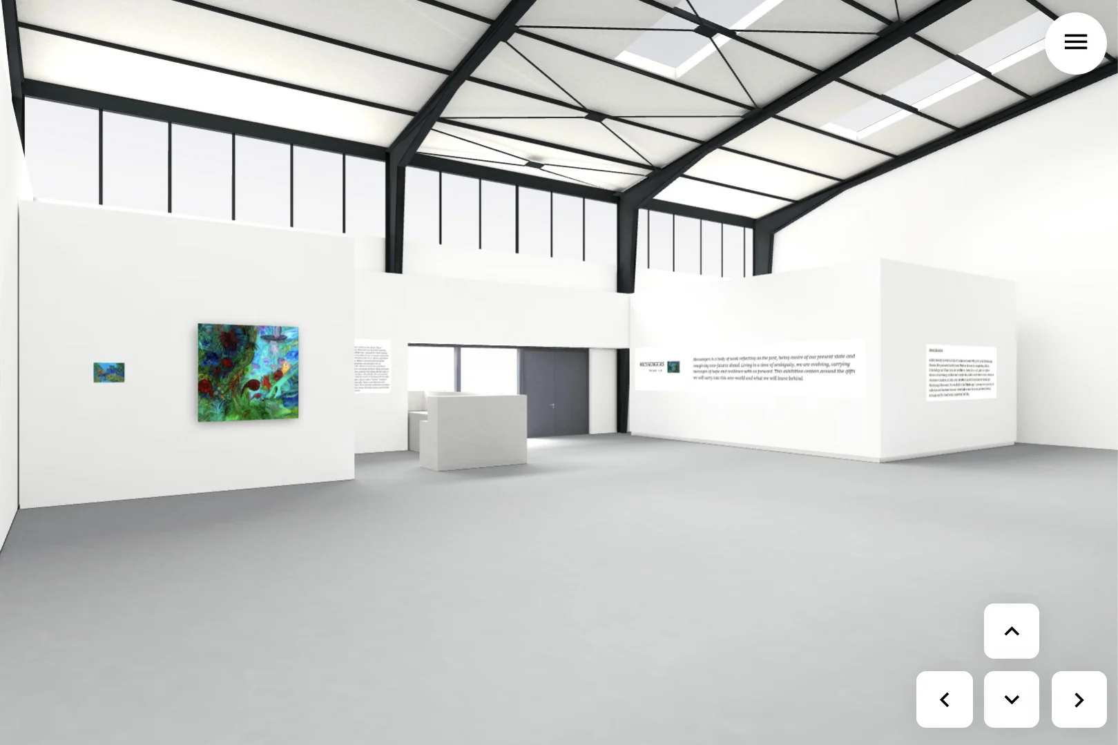 A fractal landscape, shards of colour and texture tiled irregularly over a kaleidoscopic expanse that reveals glimpses of drifting kelp, rough pebbles on sand, elfin mushrooms, coiled fiddleheads and heavy, trailing vines. Blue beings traverse the scene atop winged imps with reptile faces, and bathe at the foot of a thin waterfall.