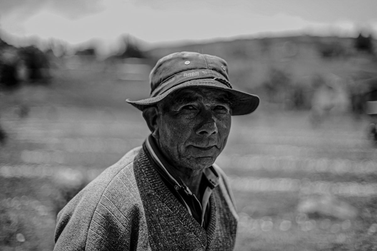 In this portrait, an indigenous, round faced onion picker is dressed in a v-neck sweater with a button down underneath, and a bucket hat that pushes down, splaying his ears. The onion field, a haze behind him, with no other workers in sight, reflects the solitary nature of this work. He looks gently, but intently at the camera. 